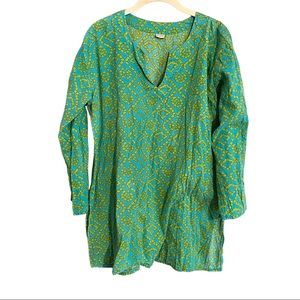 100% Cotton Aqua / Green Geometric Print Long Sleeve Tunic Blouse, XL